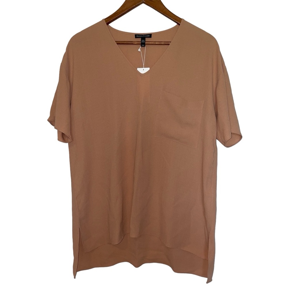 Eileen Fisher Deep V-Neck Tee Signature Silk Georgette Crepe in Amber NWT